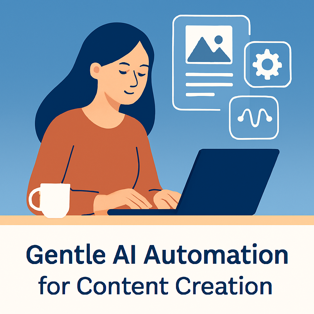 Woman working with gentle AI automation tools to grow her business while practicing self-care and rest